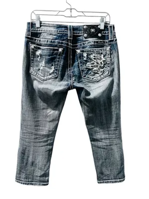 Miss Me Y2K Rhinestone Embroidered Bling Cuffed Capri Pants Size 28 Denim Jeans thumbnail 6