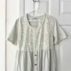 Cotton USA Light Blue Wash Graphic Print Loose Button Dress Vintage Lagenlook L thumbnail 2