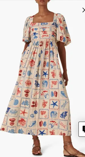 Nobody's Child Nova Print Puff Sleeve Maxi Dress Nautical Linen‎ Beach Shells thumbnail 1