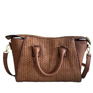 Adrienne Vittadini Woven Cognac Brown Satchel Crossbody Handbag Vegan Leather thumbnail 3