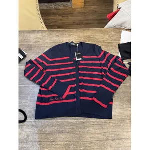 Lauren Ralph Lauren Women Striped Cotton Cardigan Sweater Navy/Red Size Large thumbnail 2