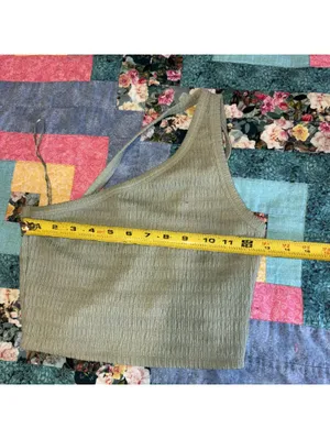 American Eagle Cropped One-Shoulder Olive Green Smocked Crop Top Woman’s Medium thumbnail 6