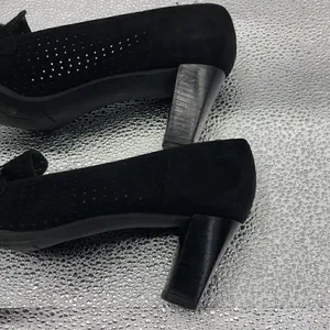 Stuart Weitzman black suede pinhole loafer heels thumbnail 6