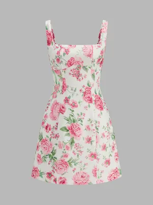CoMMENSE Square Neck Rose Print Slip Mini Dress Size Large thumbnail 2