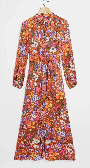 By Anthropologie Vale Maxi Shirtdress Belt Floral Rust Brown Orange Boho Kimono‎ thumbnail 1