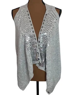 Abercrombie & Fitch embellished sequined high low wool blend grey sweater vest M thumbnail 1