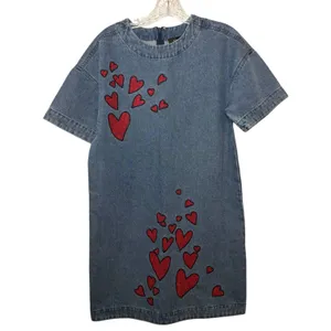 VICI Denim Heart Embroidered Mini Dress Blue Short‎ Sleeve Sz XS Valentine Art thumbnail 2
