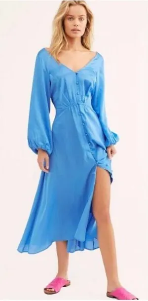 FREE PEOPLE Later Days Blue Button Front Long Sleeve Midi Dress Size‎ 0 New thumbnail 1