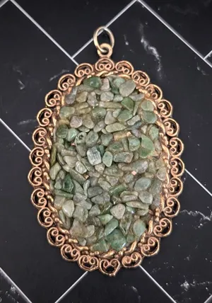 Vintage Pendant Very Large Statement Green & Antique Gold Tone Oval thumbnail 1
