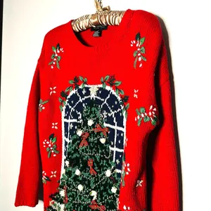 Vintage 90s Metropolitan New York Red Ugly Tree Bows Candy Cane Sweater Size S thumbnail 2