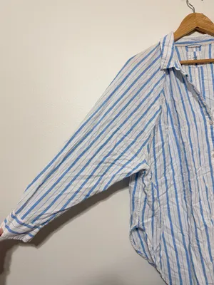 Aerie Pool-To-Party Linen Blend Cover Up Shirt Button Up Blue Stripe Medium thumbnail 6