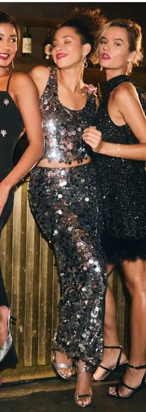Lulu’s Prominent Sparkle Silver Sequin Matching Set Sz Small Crop Top Maxi Skirt thumbnail 1
