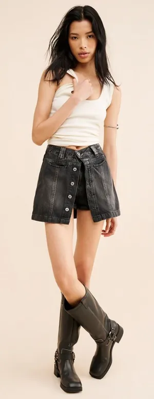 Free People - Faded Black Midnight Sun Mid Rise Denim Mini Skirt/Skort Size 25 thumbnail 1
