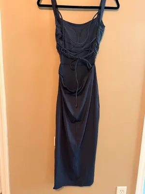 Halara S Navy Midi Dress Lace Up Side Cutouts & Ruched Details Size Small Nylon thumbnail 7