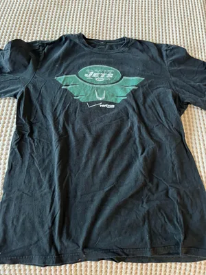 NFL New York Jets black t-shirt with green Jets logo and Verizon text #jetsnation #football thumbnail 1