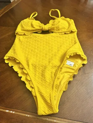 🧷 CUPSHE WOMEN'S ONE PIECE SWIMSUIT CUTOUT SCALLOP TRIM, XL, Yellow🆕 thumbnail 1