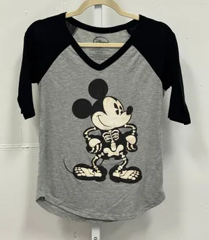 Disney‎ Mickey Mouse Skeleton Halloween Raglan Baseball Tee Gray Black Small thumbnail 1