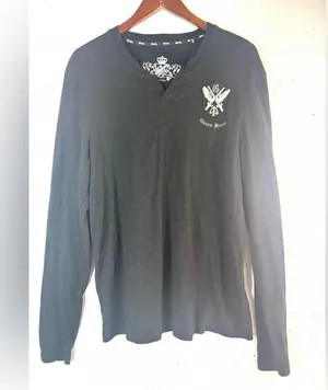 Guess L Black Long Sleeve Affliction Style Tee Top with Ornate Design thumbnail 1