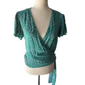 Billabong Wrap Tie Blouse Green White Polka Dot Short Sleeve Cotton Polyester S thumbnail 4