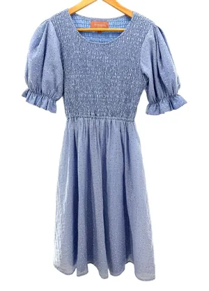 JessaKae Light Blue Smocked Puff‎ Sleeve Floral Swiss Dot Midi Dress Small thumbnail 1
