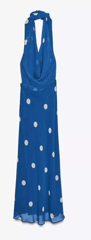 Zara Blue Polka Dot Halter Dress scarf open back maxi long evening party wedding thumbnail 1