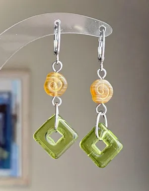 Handmade boho vintage aesthetic fairy style Czech glass beads dangle earrings🍃🌙🌳🫒🌀 thumbnail 1
