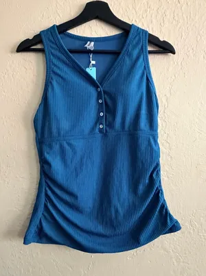 Sleeveless Deep Teal Ribbed V-Neck Swim Tankini Top thumbnail 1