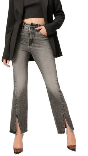 Good American Size 10/30 Curvy Twist Straight Leg Jeans Washed Black‎ Split Hem thumbnail 1