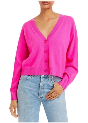 NWT Aqua Womens Front Button Cashmere V-Neck Cardigan Sweater V10337 Neon Pink M thumbnail 1