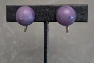Vintage Clip On Earrings 5/8" Domed Circle Muted Marbled Purple Retro thumbnail 1