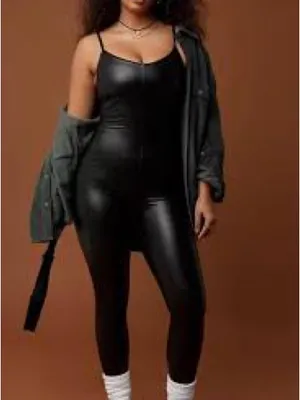 Aerie Offline Black Faux Leather Jumpsuit thumbnail 2