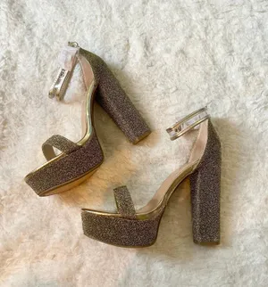 Bamboo Gold metallic glittery felt platform pump high heels with clear buckle straps thumbnail 6