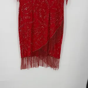Vintage Red 100% Silk Beaded‎ Sequin Fringe Flapper Cocktail Dress thumbnail 3