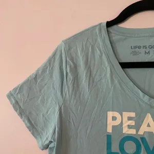 Life Is Good Blue V-neck Tee Cotton Peace Love Dogs Gorpcore Women's size Medium thumbnail 4