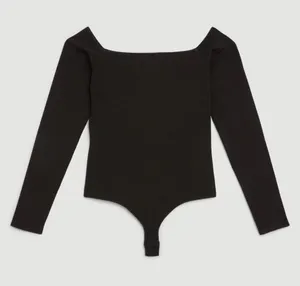 Karen Millen Body Contouring Black Long Sleeve Bardot Knit Thong Bodysuit XS thumbnail 1