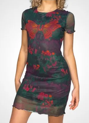 Shein Sheer Lined Butterfly Print Bodycon‎ Dress Short Sleeve Small thumbnail 1