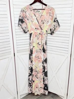 Bar III Floral Boho Faux Wrap Dolman Sleeve Maxi Dress Peach Black Multi XS thumbnail 7