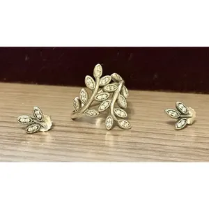 Authentic PANDORA “Sparkling Leaves” Ring & Earring Set -Sterling & CZ's -Sz 7.5 thumbnail 5