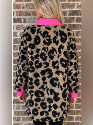 BiBi Leopard Sherpa Jacket Shacket with Neon PINK Trim NEW women’s size LARGE thumbnail 2