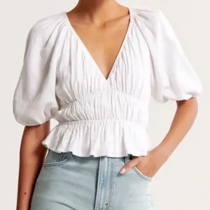 Abercrombie & Fitch Linen Top Women’s White Cropped Puff Sleeve Smocked Blouse Linen blend thumbnail 1