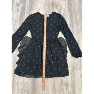 Wildfox Black‎ Rosebud Print Deep V-Neck Ruffle Mini Dress Long Sleeve Medium thumbnail 6