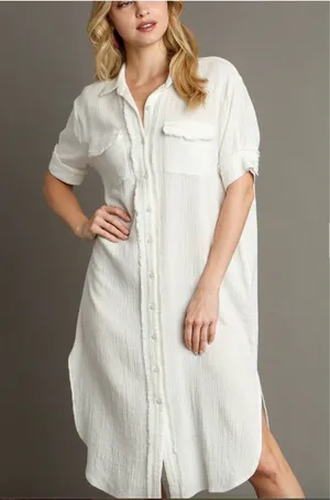Umgee White Gauze Button Up Maxi Dress w/ Raw Edges medium thumbnail 1