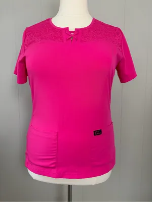 Betsey Johnson Pink Lace Yoke Scrub Top Women’s Large Nurse Medical thumbnail 1