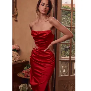 House of CB ADRIENNE Scarlet Satin Strapless Gown in red thumbnail 2