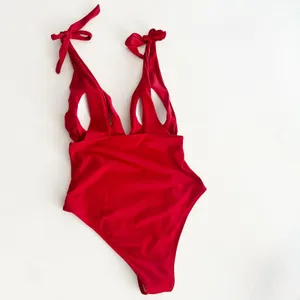 [Yolipuli] Red One Piece Convertible Swimsuit Bow Straps V-Neck Ruched Sz Large thumbnail 4