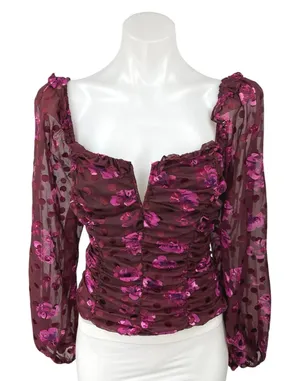 ASTR The Label Red Maroon Floral Sheer Long Sleeve Crop Blouse Top Size M thumbnail 1
