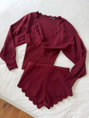 Naked Wardrobe Ribbed-Knit V-Neck Scallop Sweater & Shorts Set - Red thumbnail 3