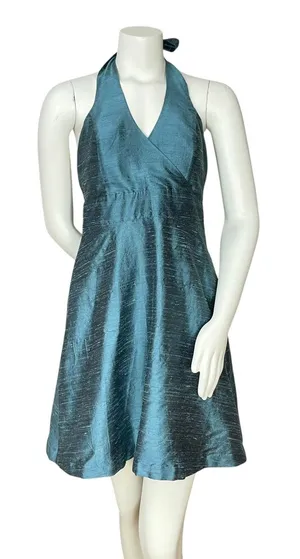 Lula‎ Kate Silk Dupioni Dress Teal Halter Neck Cocktail Size 8 Fit and Flare Zip thumbnail 1