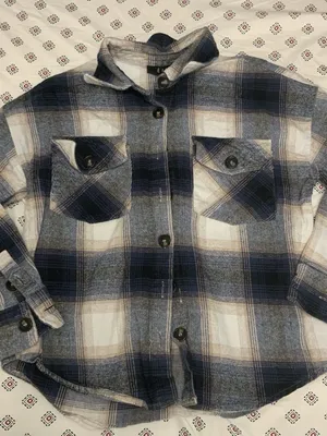 Women's E + M Flannel Button Up Small Plaid Collared Black White Pockets thumbnail 1