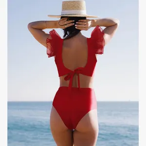 Women High Waisted Swimsuit Organza Ruffle Bikini Twist Front Bathing Suit thumbnail 3